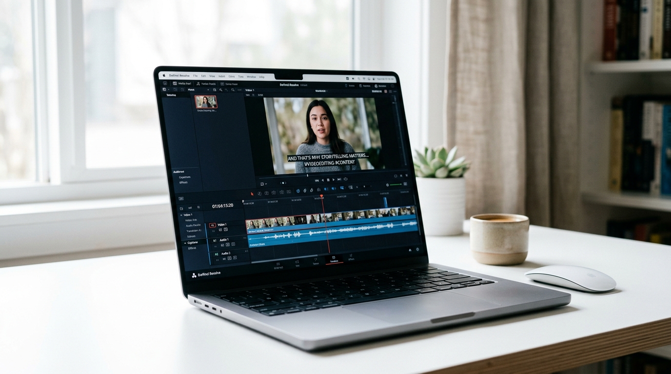 Laptop showing a video timeline with captions displayed on a talking-head clip, representing video captioning methods.