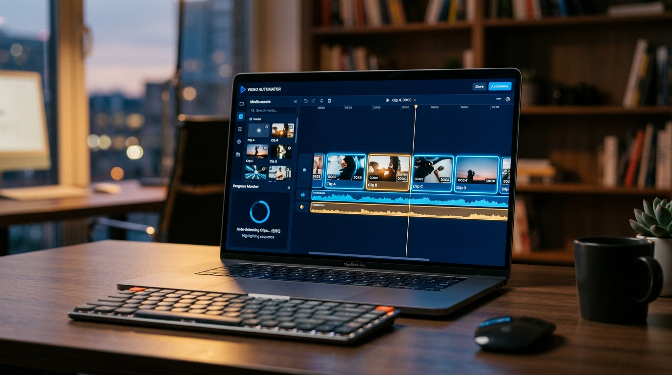 Laptop showing AI video clipping tool interface with multiple short clips highlighted on a timeline.