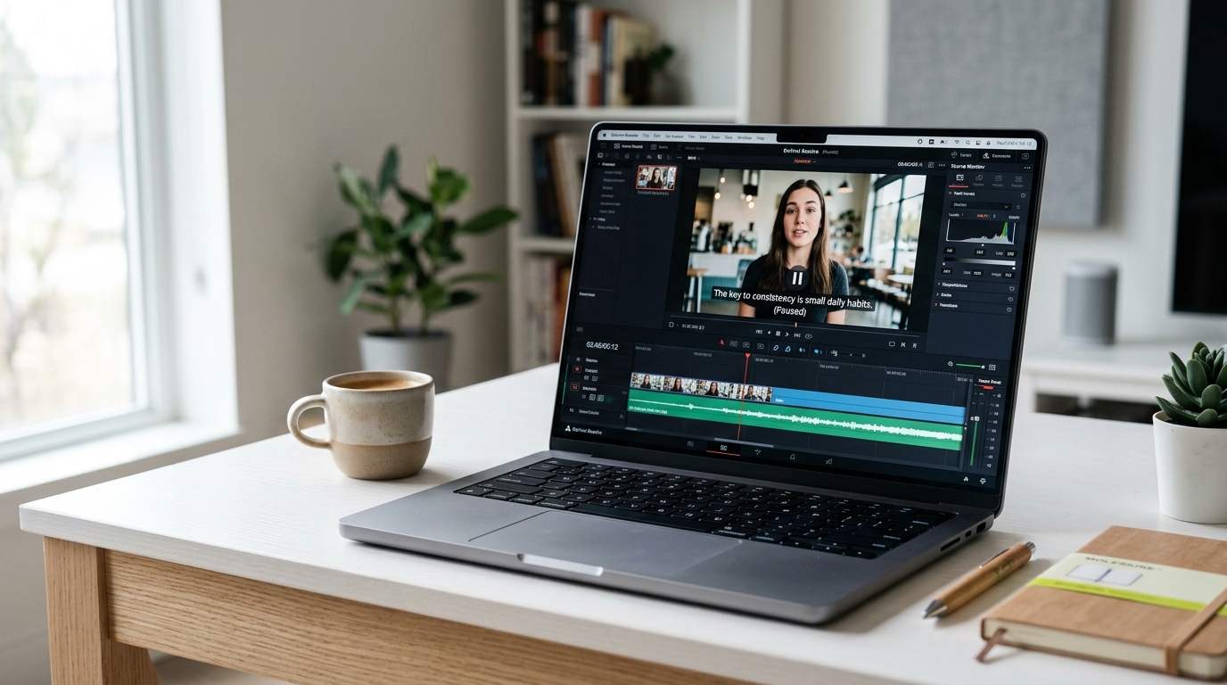 Laptop showing video caption editing interface on a clean white desk, illustrating the caption making process.