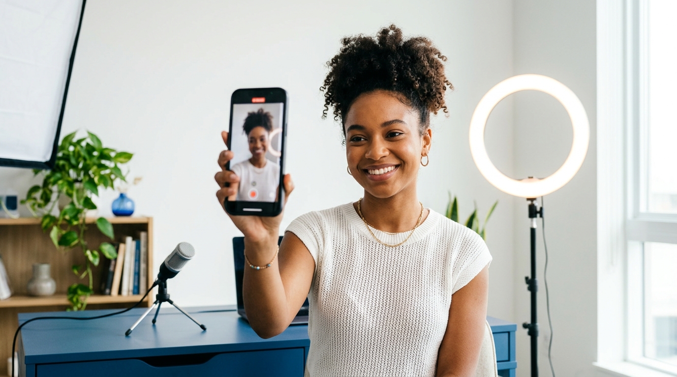 Creator filming a YouTube Short vertically on a smartphone with a ring light in a clean home studio.