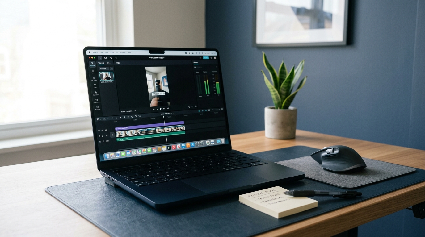 Laptop showing a video editing timeline on a clean desk, representing an AI clipping video editor workflow.