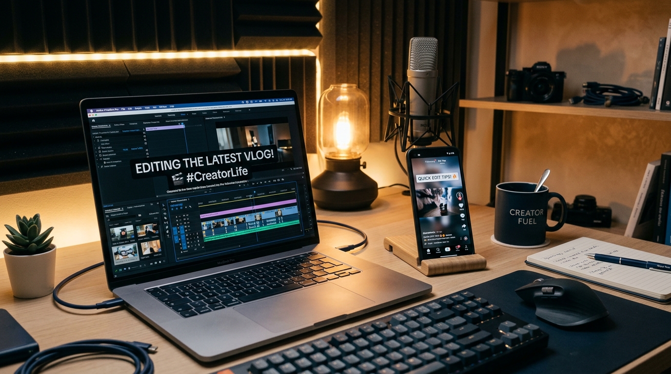 Laptop showing a video caption editor timeline beside a smartphone, on a clean creator desk — AI caption video editor workflo