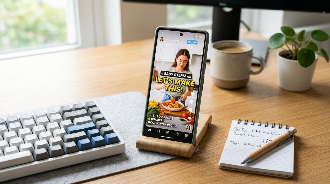 Smartphone showing a social video with AI captions on screen, on a clean modern desk setup.