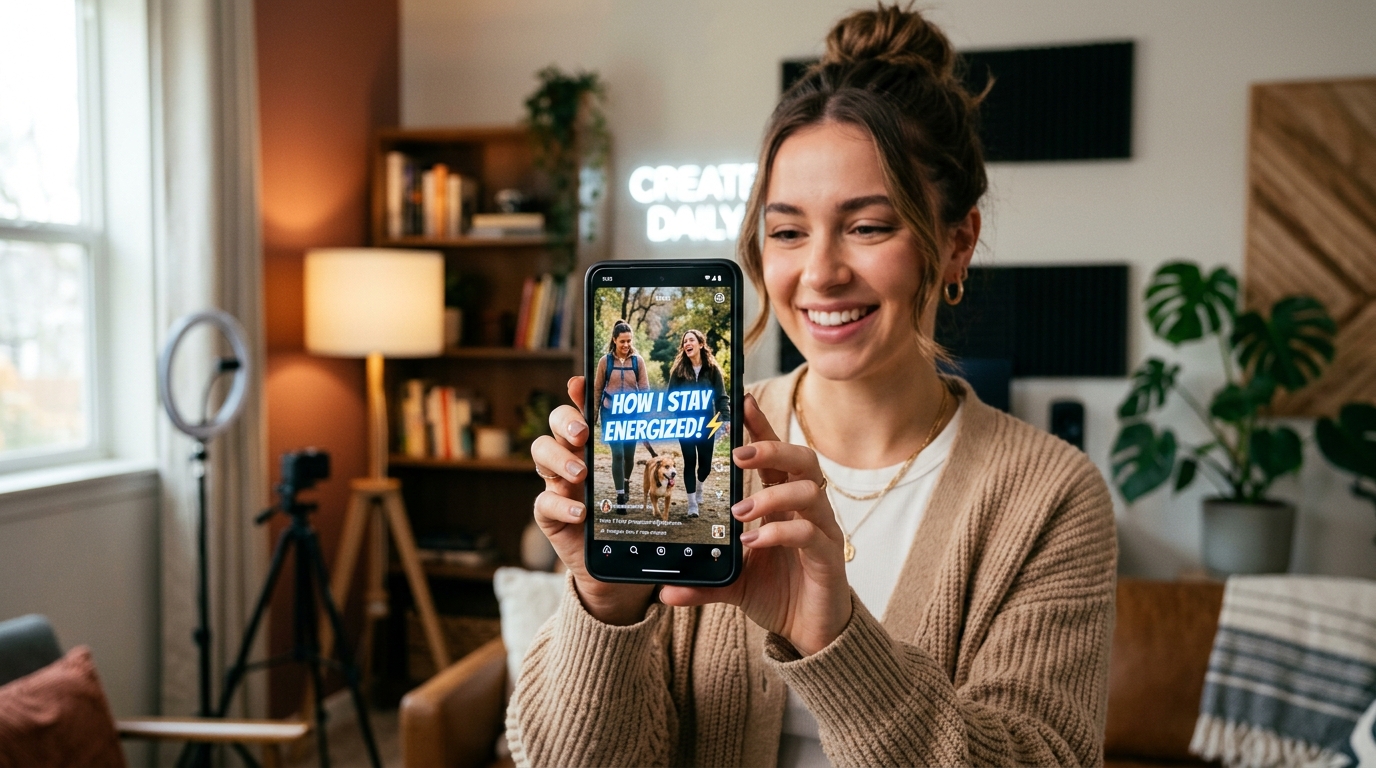 Creator holding a smartphone displaying an Instagram Reel with bold animated captions, warm studio lighting.