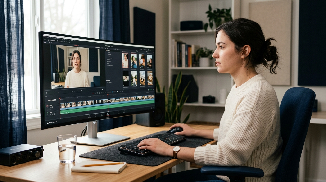 Video creator editing long footage into short clips on a monitor using an AI clip maker tool.
