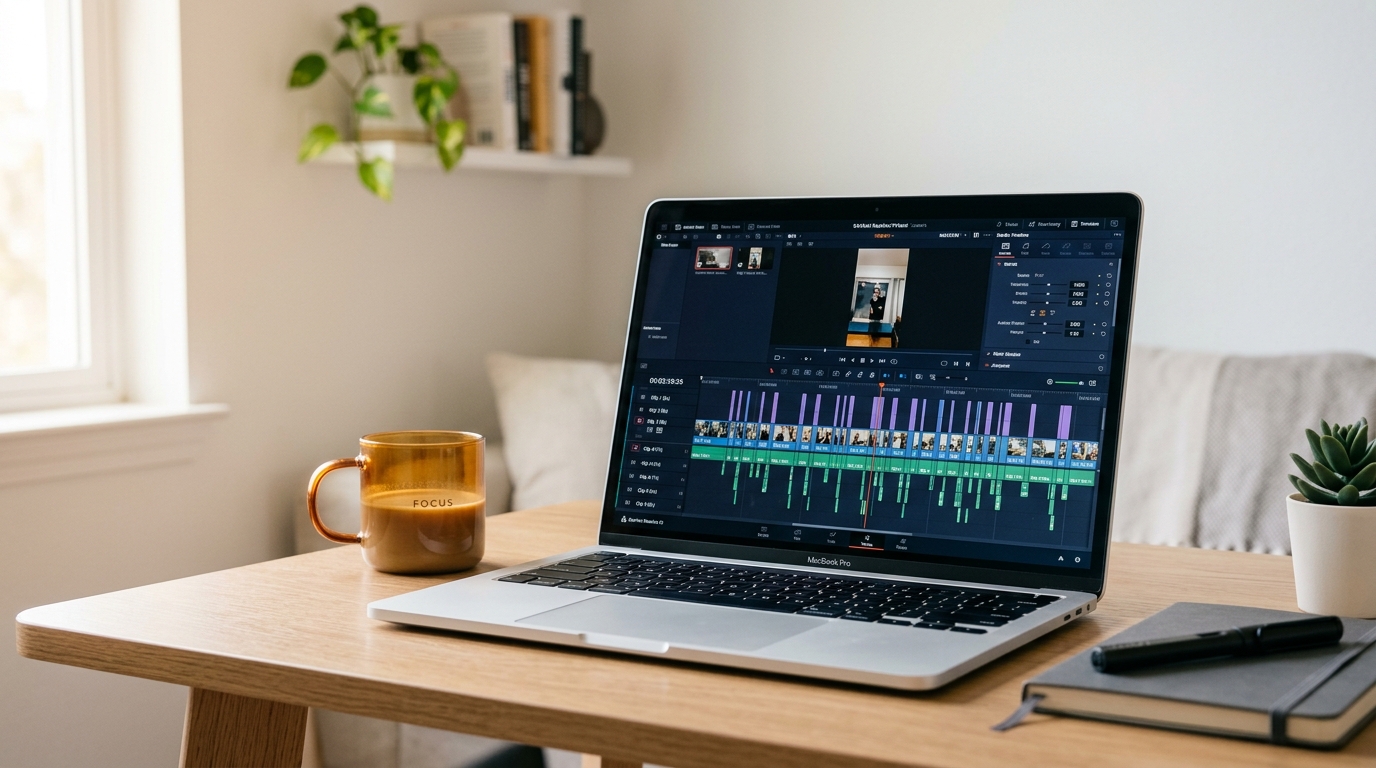 Laptop showing a long video being clipped into short vertical videos using an AI clipping tool.