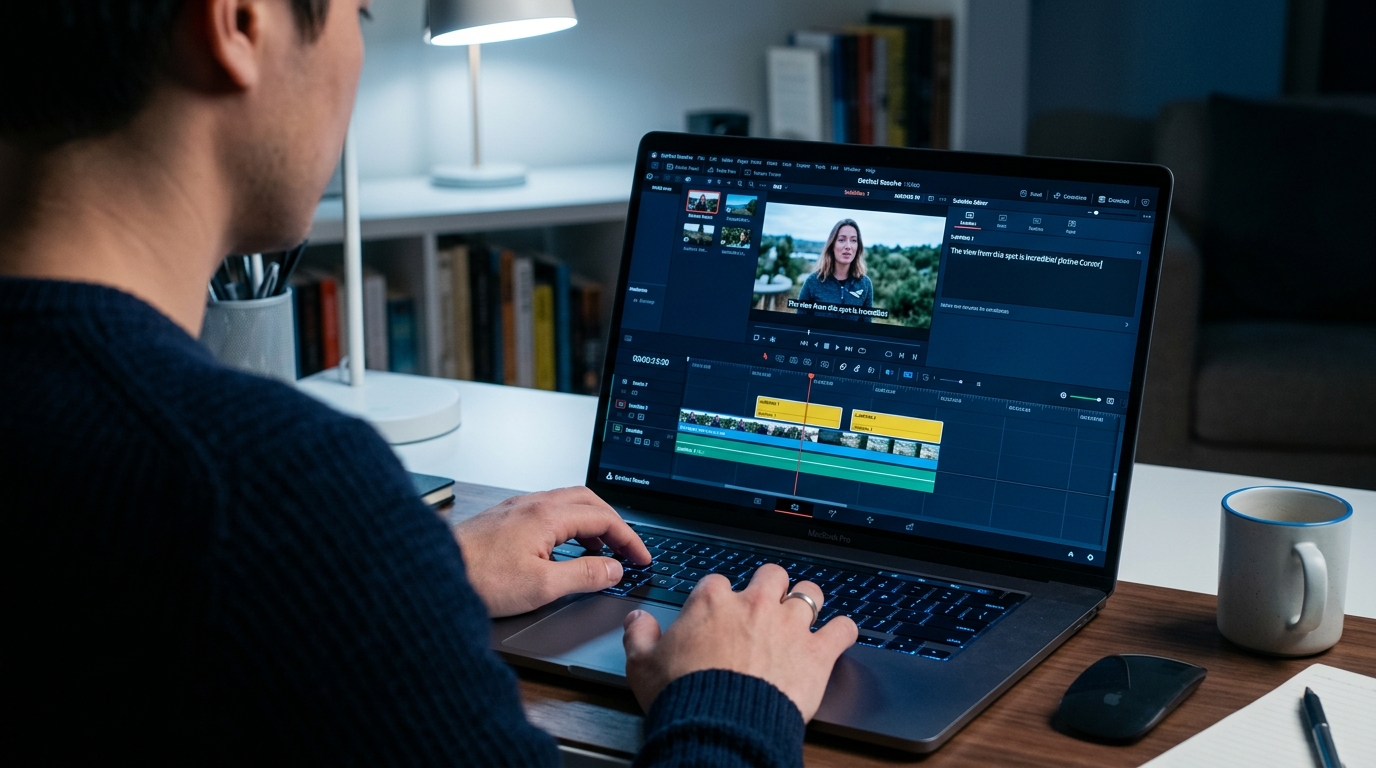 Hands editing video captions on a laptop timeline, showing the caption editing workflow in progress.