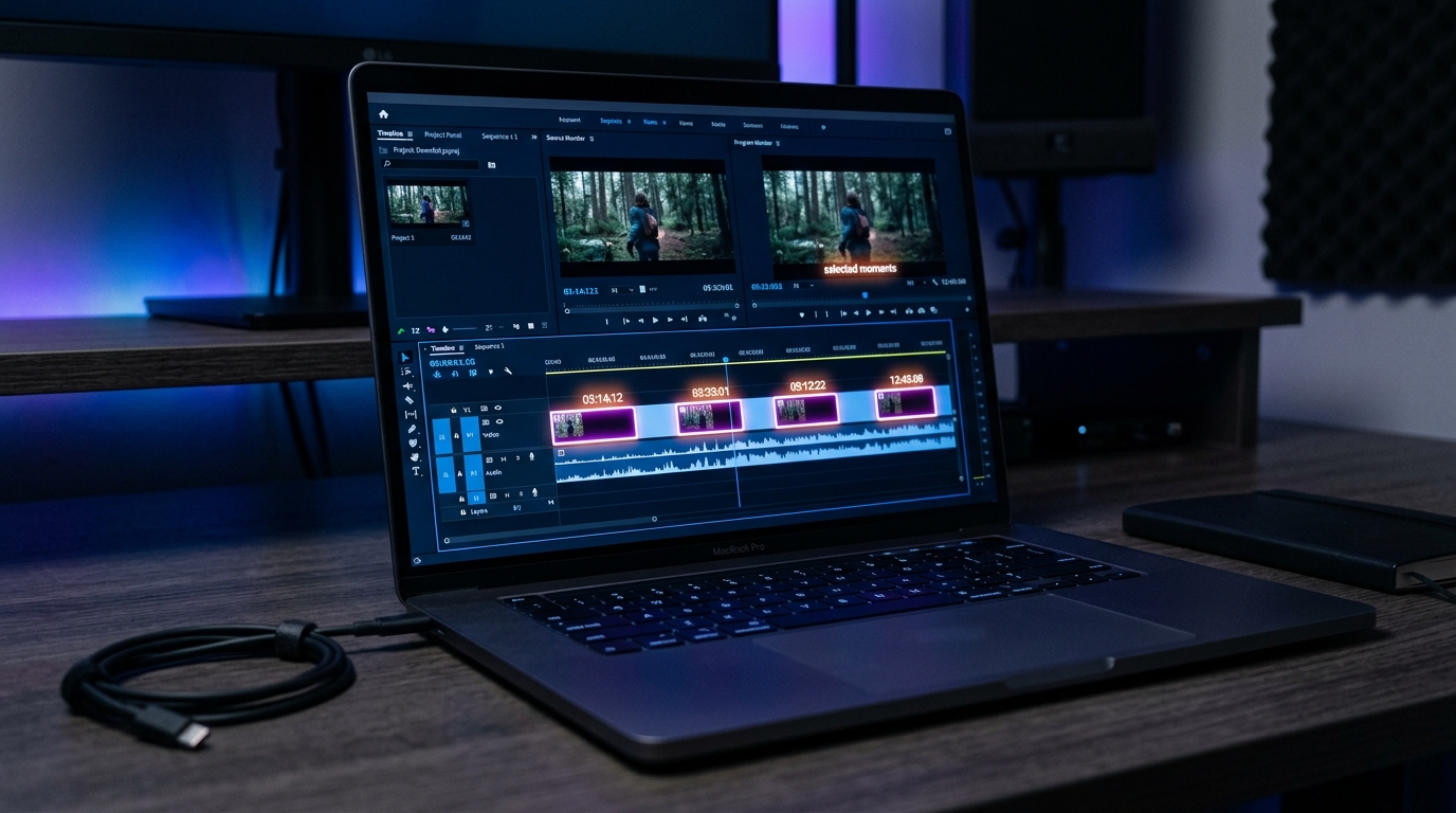 Laptop screen showing AI clip generator video timeline with highlighted clip selection markers.