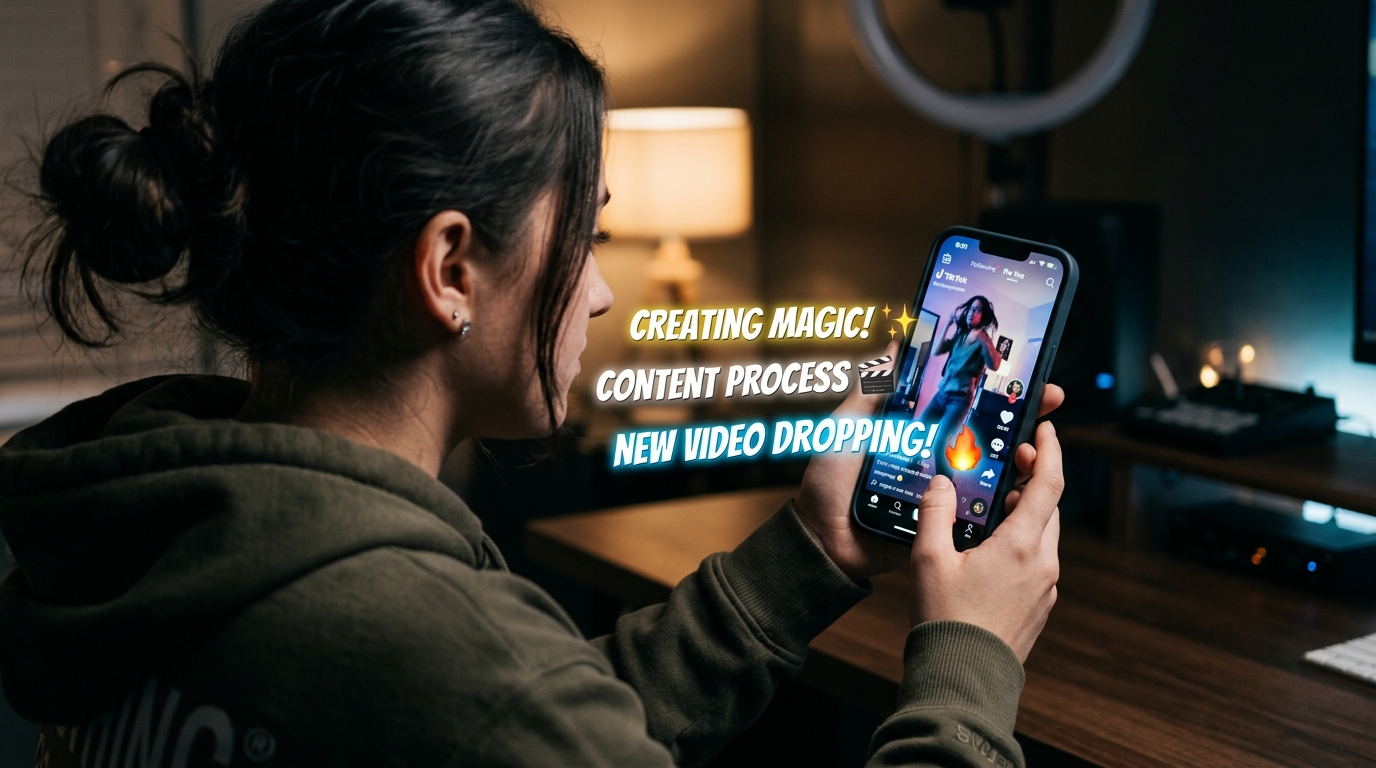 Creator viewing a TikTok video with animated captions on a smartphone screen, warm editorial lighting.