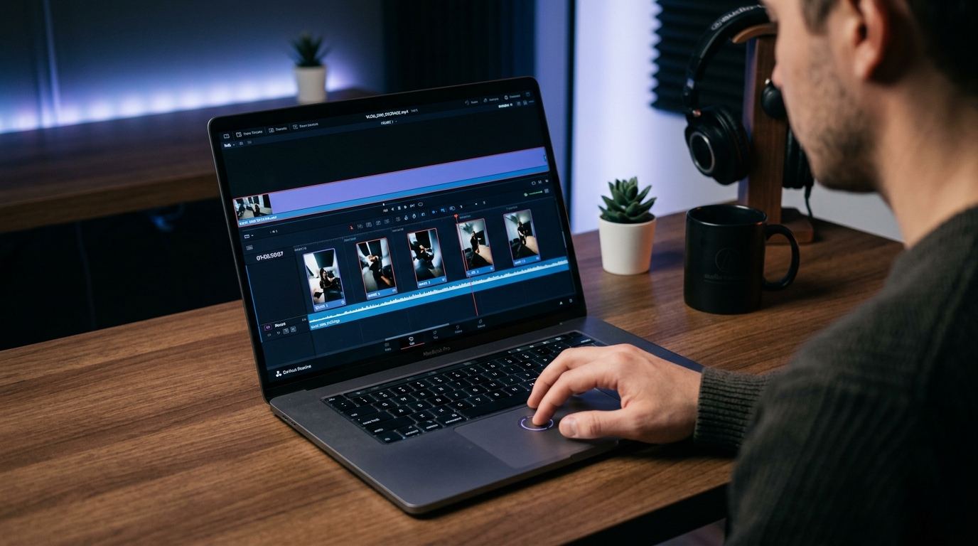 Laptop screen showing an AI video clipping tool splitting a long recording into short social media clips