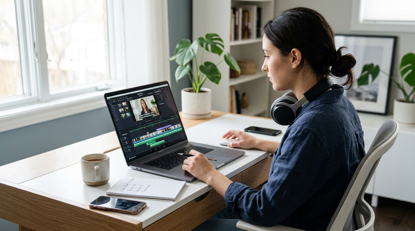 Person reviewing caption editing software on a laptop at a clean modern desk with natural window light.