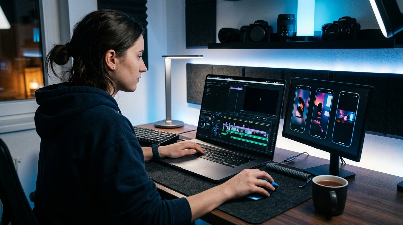 Content creator editing long video footage into short clips on a laptop with vertical mobile previews alongside.