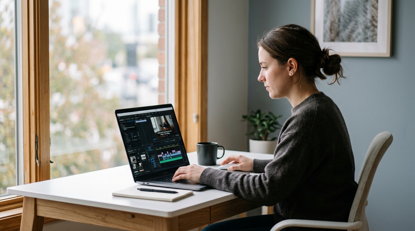 Person editing video captions on a laptop with timeline tracks visible, clean desk workspace.