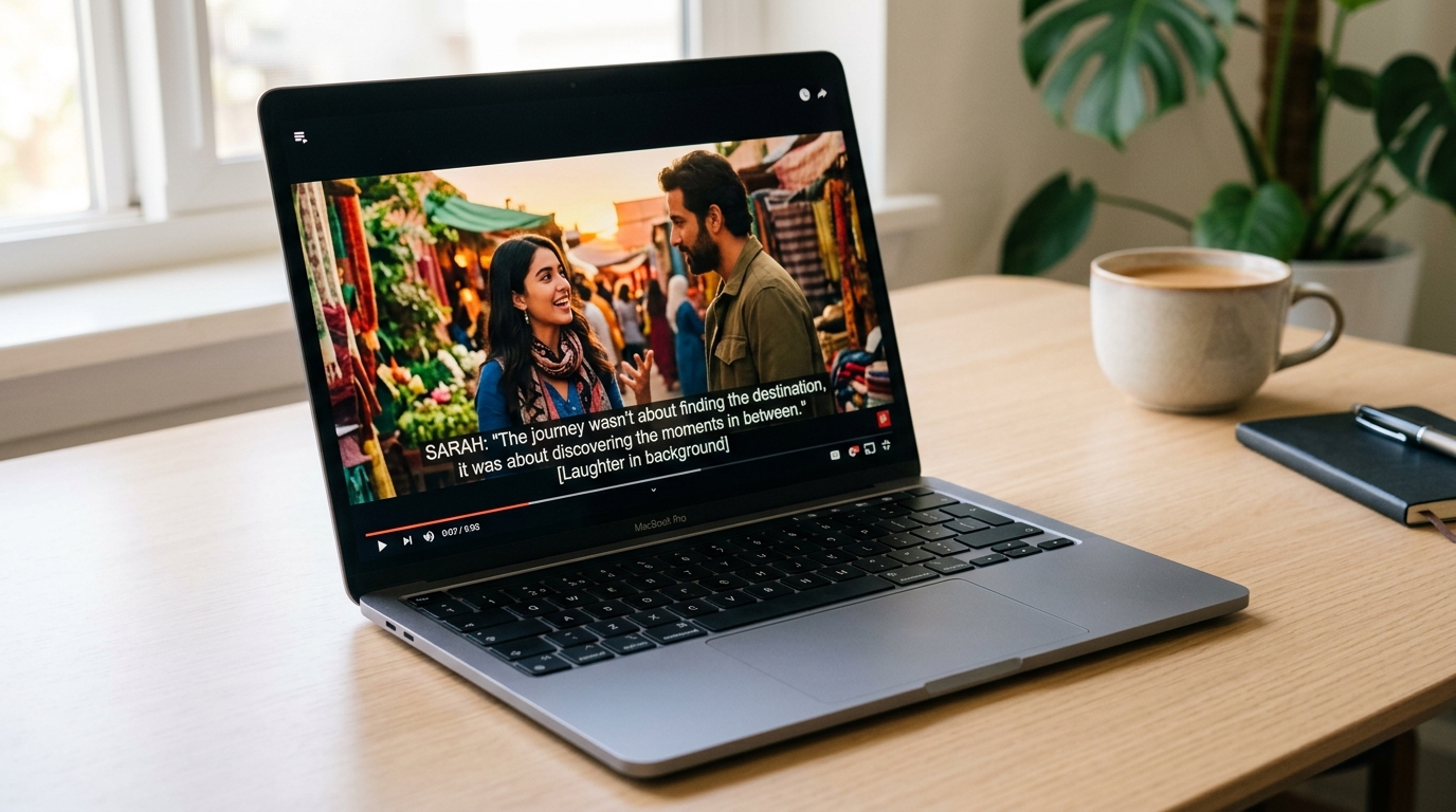 Laptop showing a video player with captions and subtitles visible on screen, placed on a clean white desk.