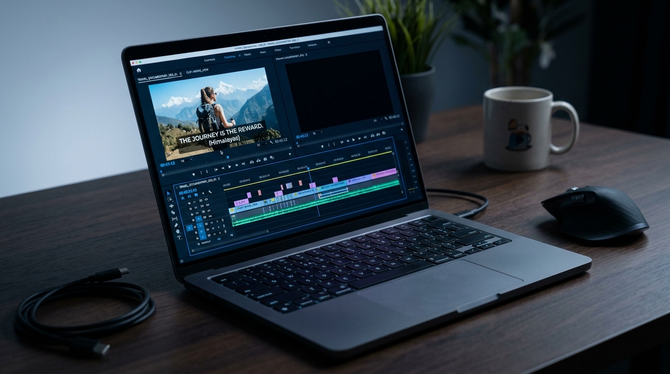 Laptop showing video timeline with captions overlay on a clean dark desk, illustrating how to add captions to video.