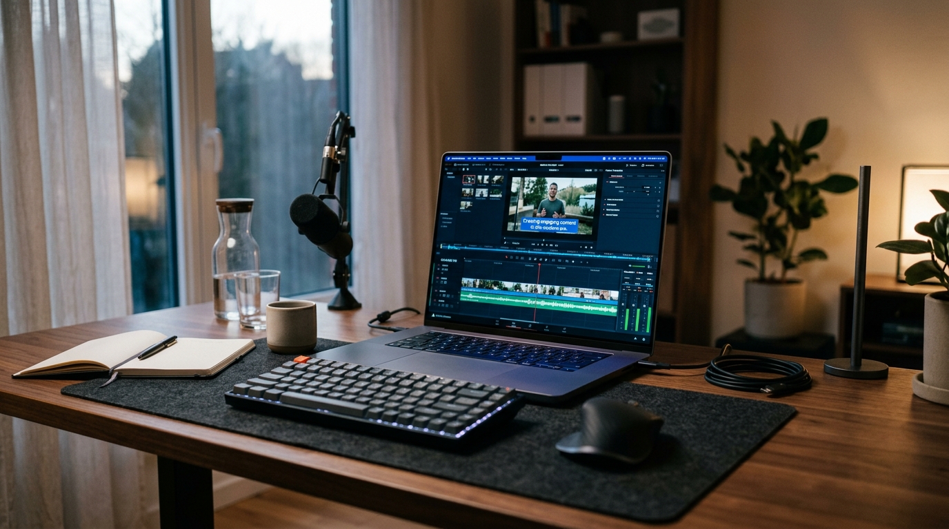 Laptop on a clean desk displaying a video editor with AI captions overlaid on the timeline, warm modern lighting.