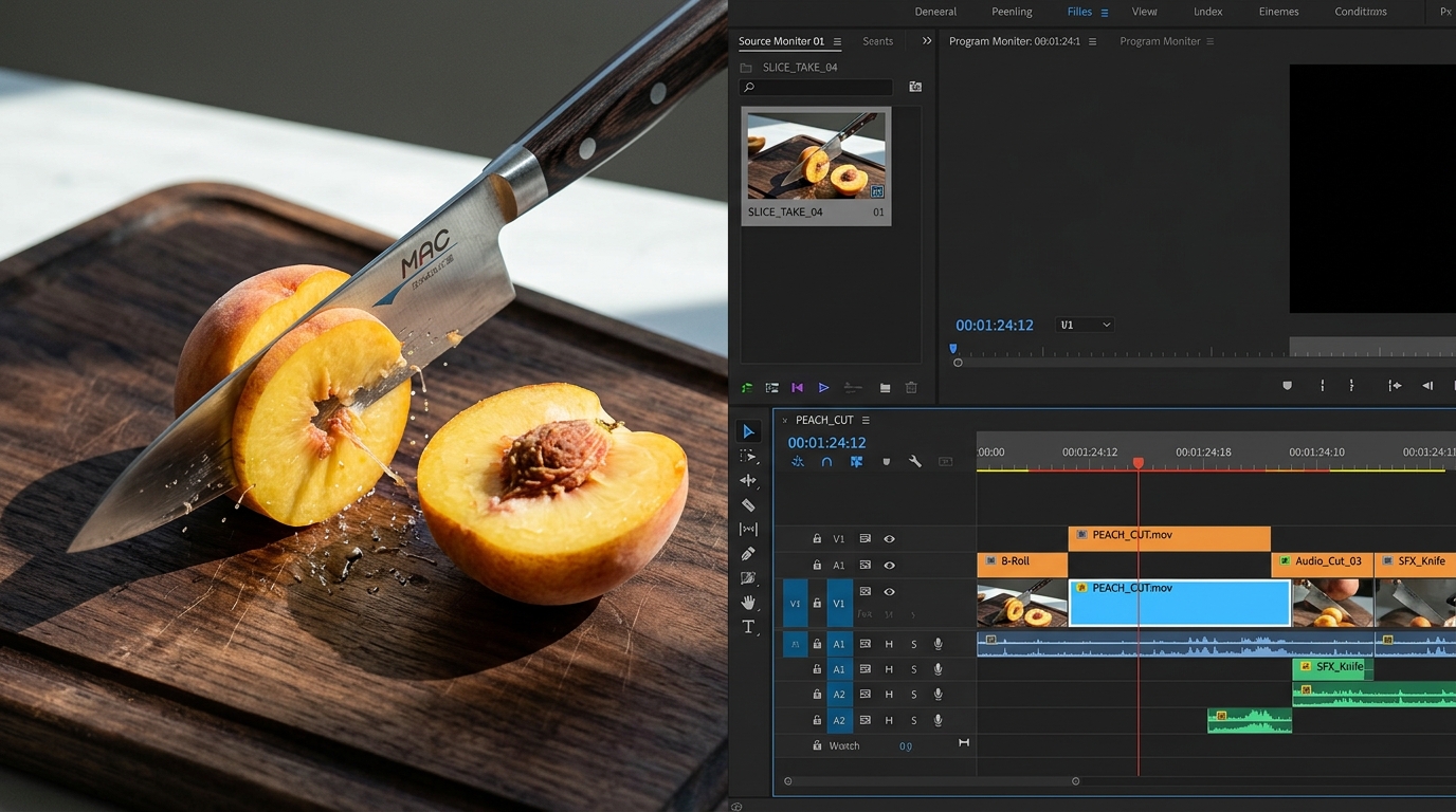 Split visual of a knife cutting fruit alongside a video editing timeline, representing the two meanings of AI cutting videos.