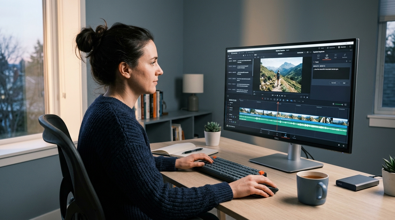 Video editor reviewing and correcting captions on a desktop monitor with a timeline interface open.