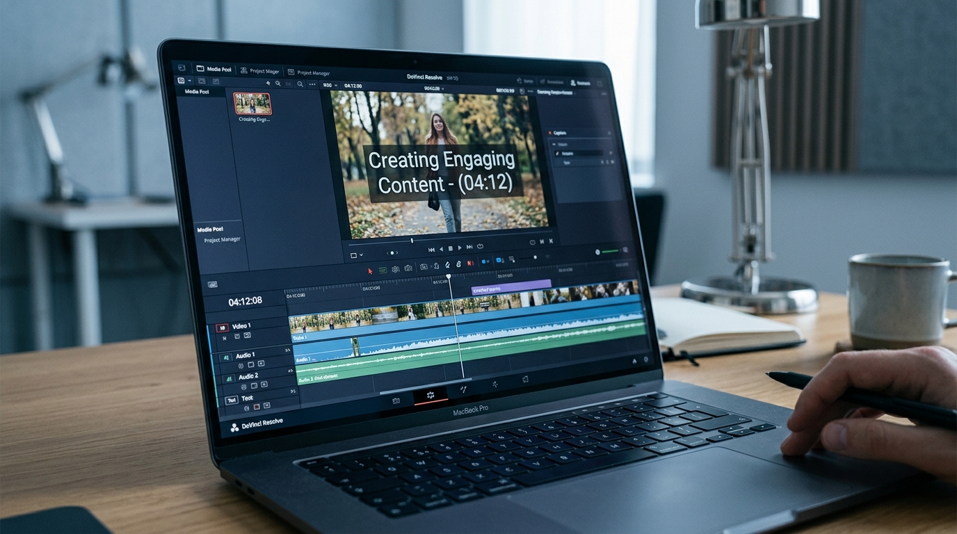 Laptop showing video timeline with caption text overlay, representing the process of captioning videos for accessibility.