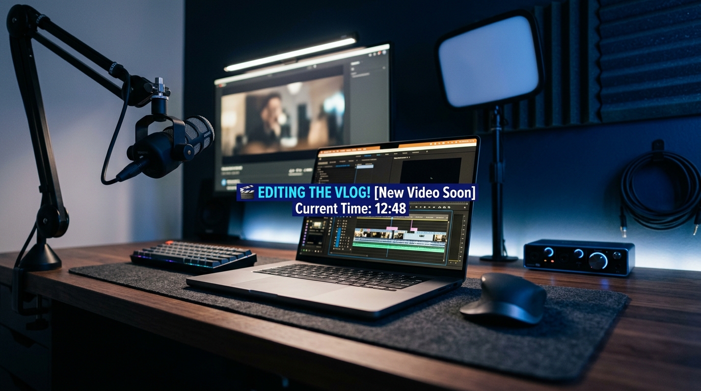 Laptop showing video timeline with AI caption overlay on a clean creator desk, glowing blue light.