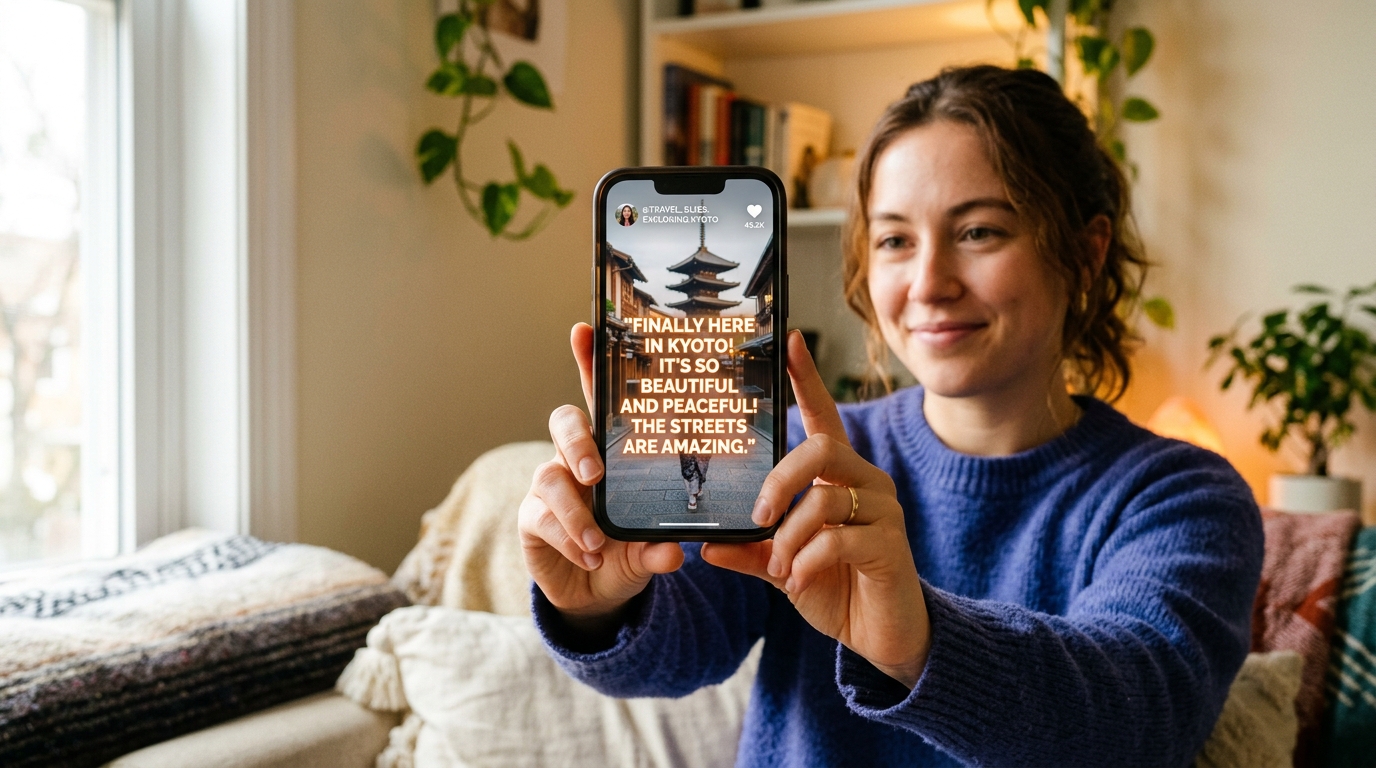 Hand holding a smartphone displaying a vertical Reel with bold animated captions for Instagram Reels.