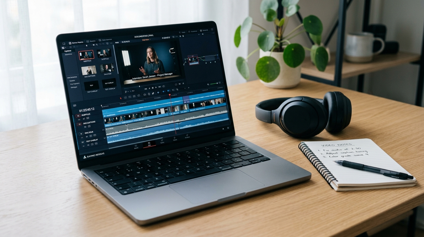 Laptop showing video caption tracks on a desk with headset, illustrating captions vs subtitles format decisions.