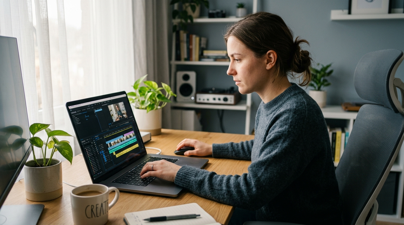 Video creator editing caption text blocks on a laptop timeline, representing caption editing software in use.