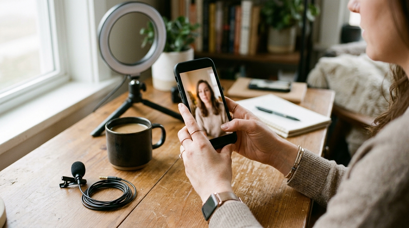 Close view of a person's hands holding a smartphone at a home desk, reviewing a recorded vertical video next to a ring light and a small microphone.