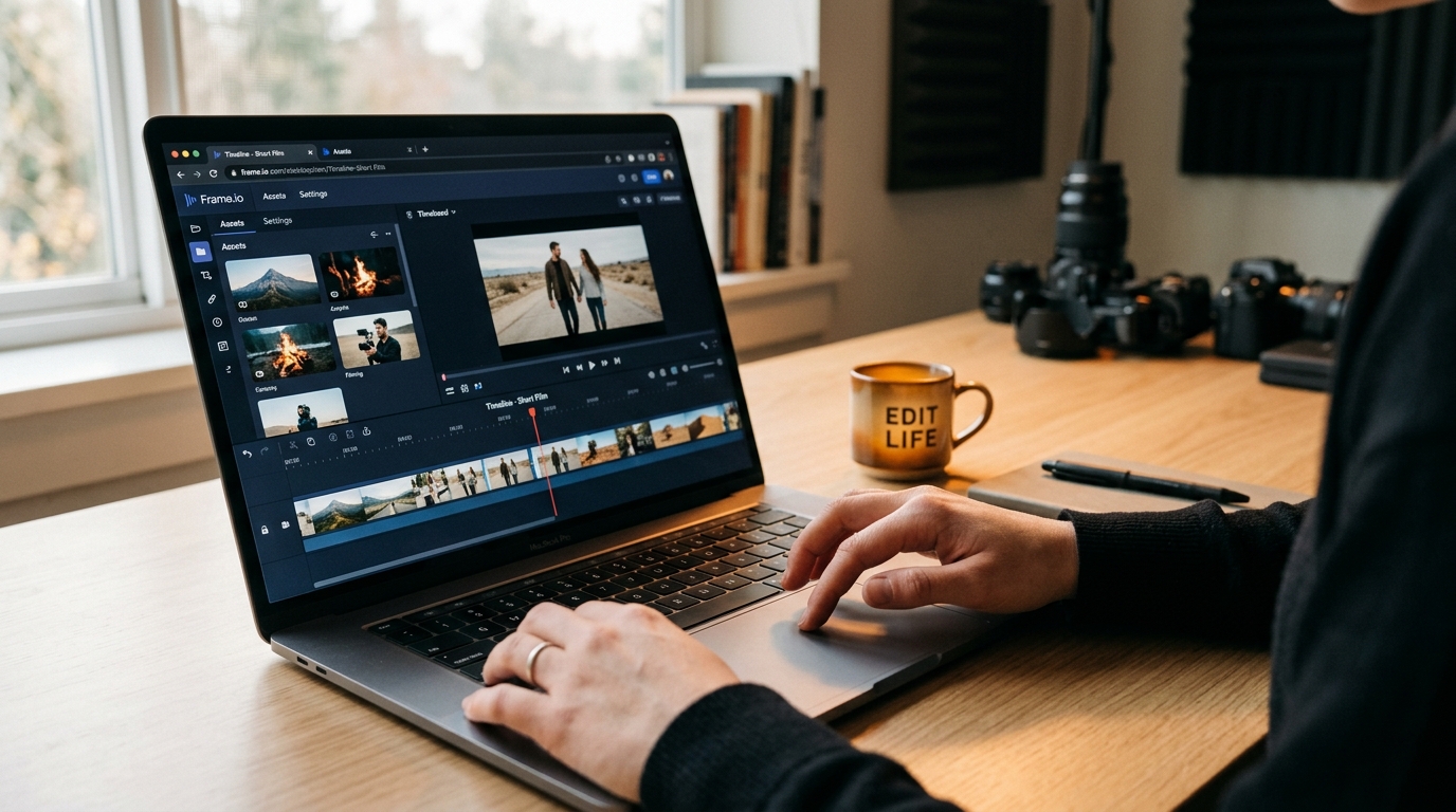 Hands scrubbing a video timeline on a laptop, representing a clipping video editor workflow.