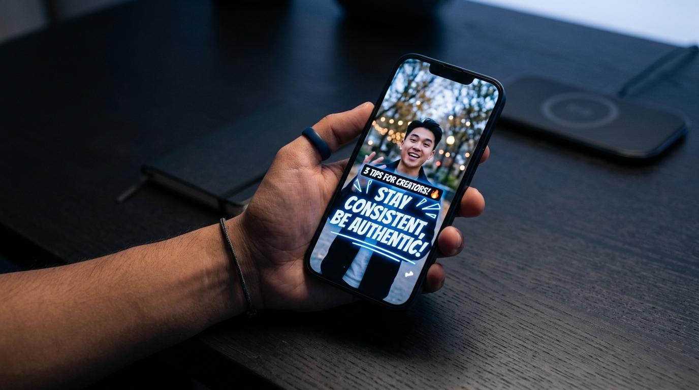 Creator holding smartphone showing a TikTok video with captions overlaid, lit by screen glow on a dark desk.