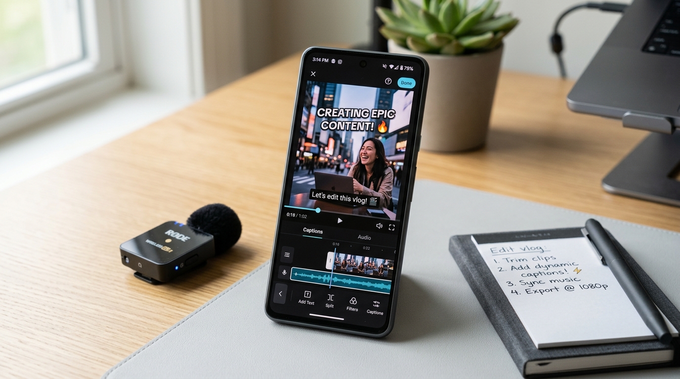Smartphone showing AI caption app interface next to a microphone on a white desk, representing AI captioning tools in 2026.