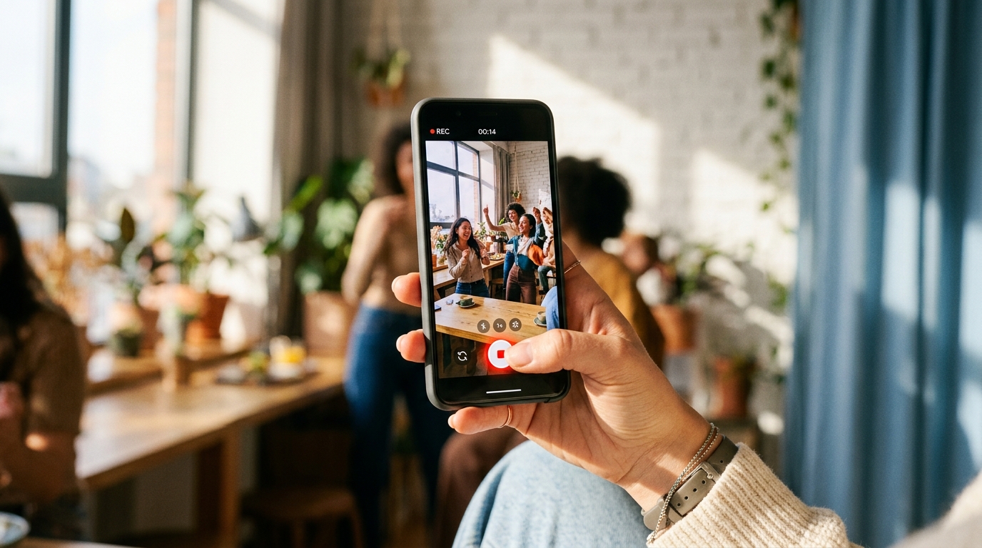 Hand holding a smartphone vertically recording a YouTube Short in bright natural light.
