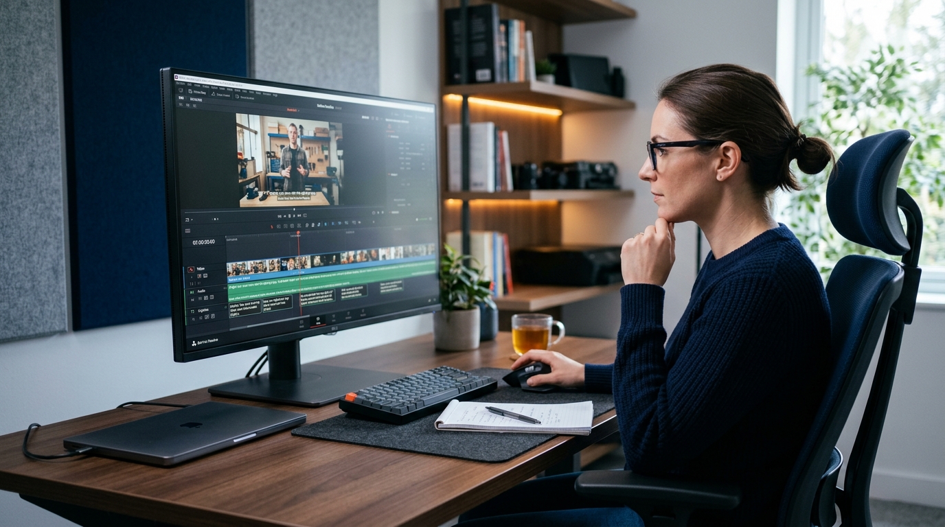 Video editor reviewing caption tracks on a monitor, representing choosing the right caption editor for your workflow.