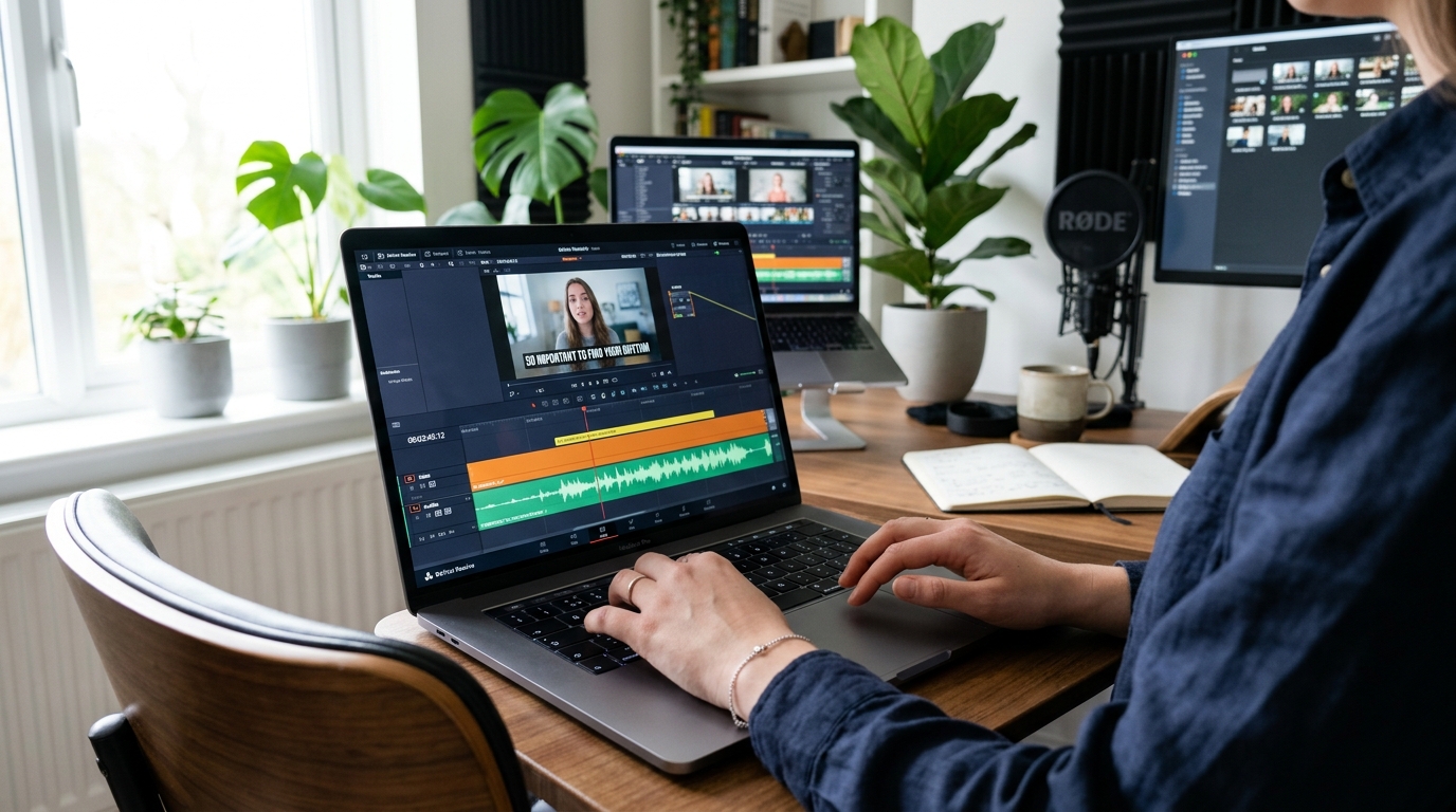 Hands at a laptop showing a video timeline with caption text overlays, representing the caption making workflow.