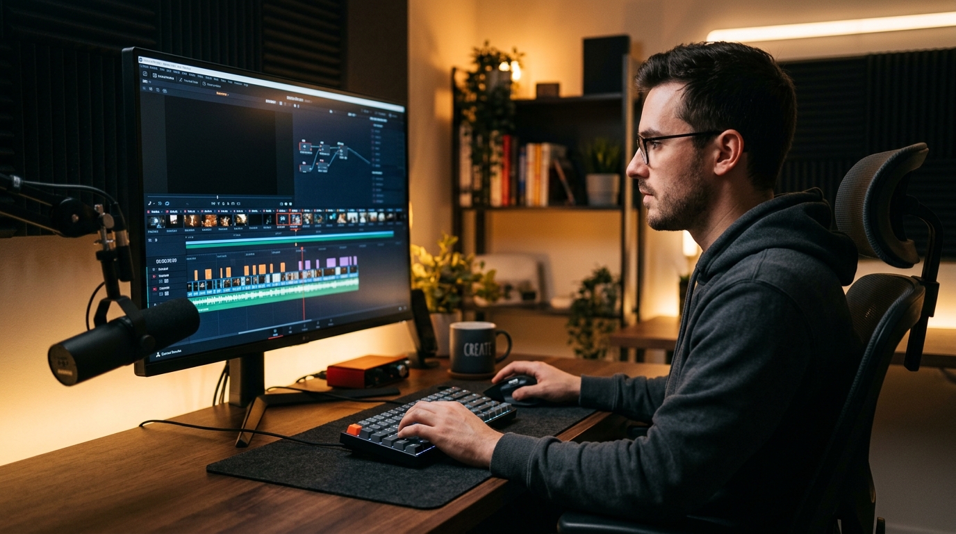 Content creator reviewing AI-selected video clips on a monitor to create clips for social media publishing.