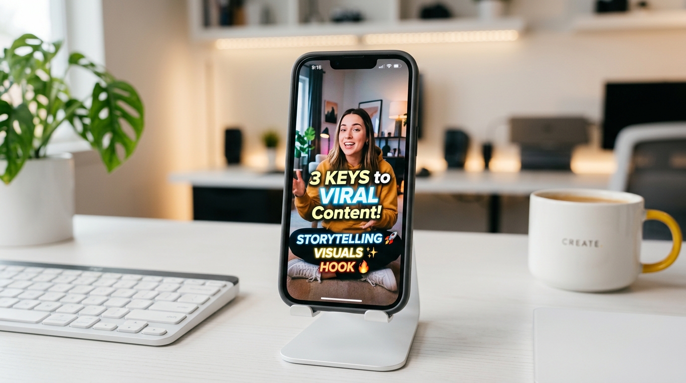 Smartphone displaying a TikTok-style vertical video with bold animated captions on screen, on a clean white desk.