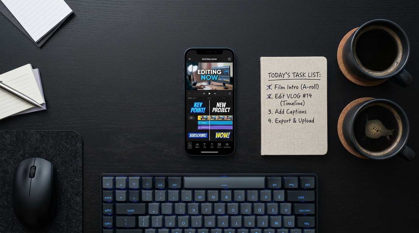 Smartphone showing video caption editing interface on a creator's desk with keyboard and notepad, top-down view.