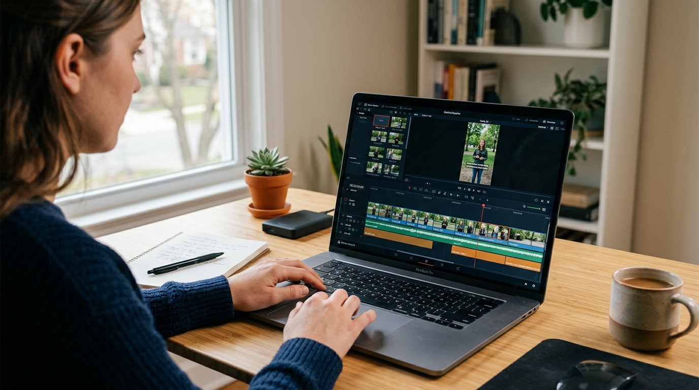Laptop showing short-form video clips queued on an editing timeline, representing an AI clip maker workflow.
