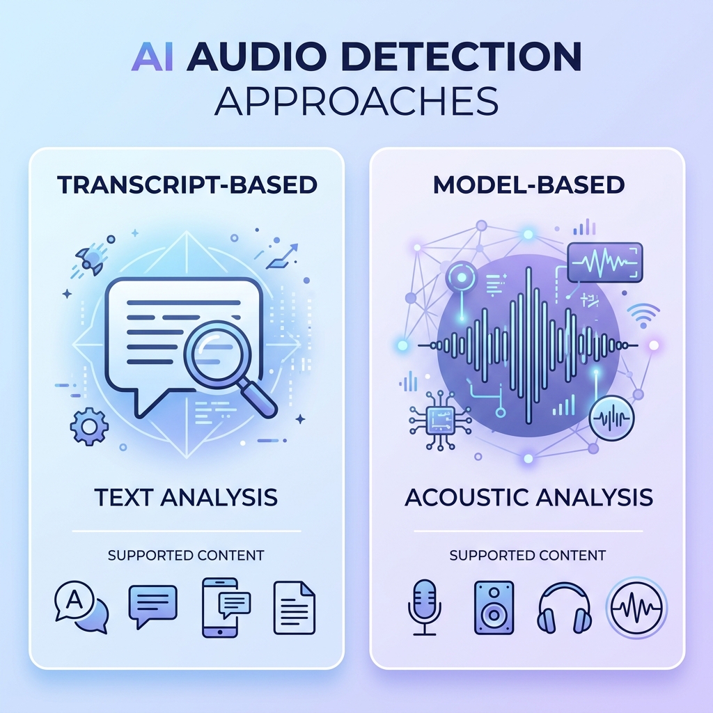 Infographic comparing transcript-based vs model-based AI video clip detection methods