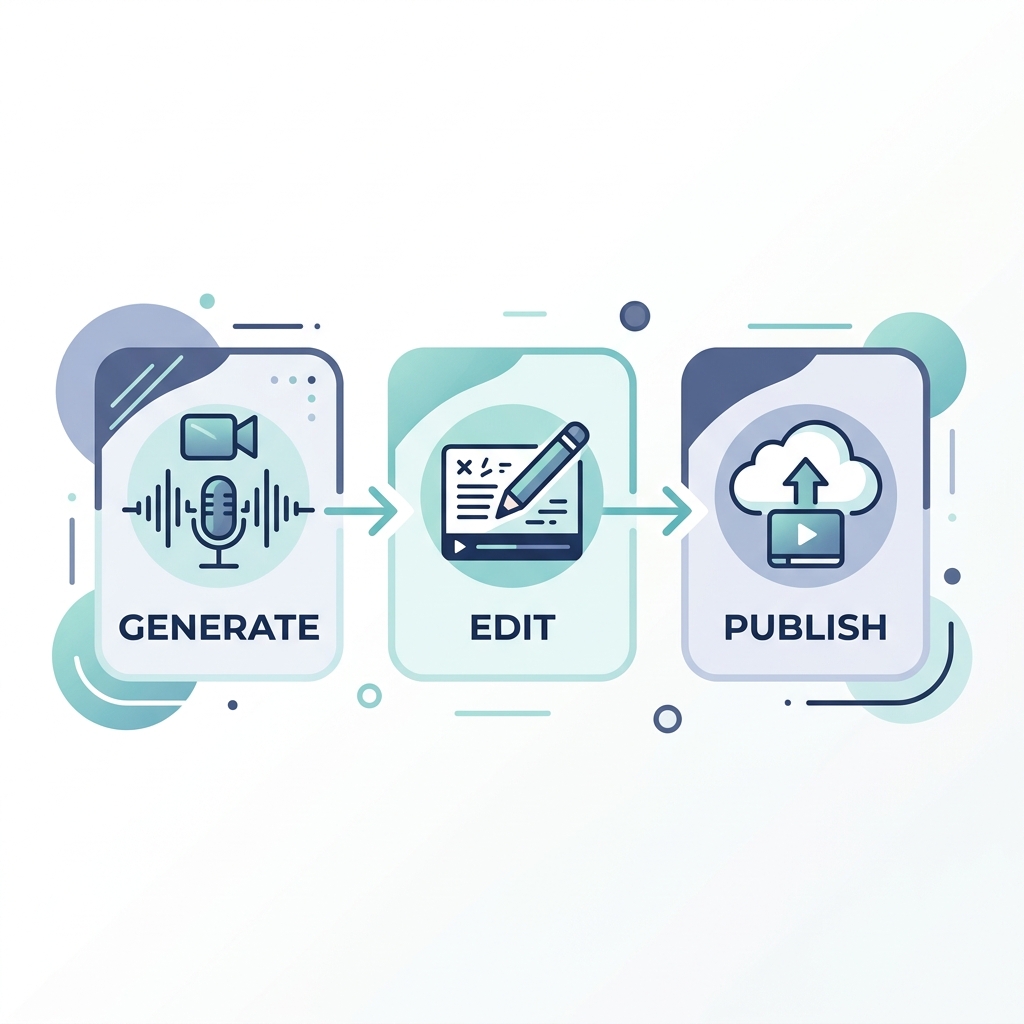 Three-step infographic showing the video captioning process: Generate, Edit, and Publish with simple icons.