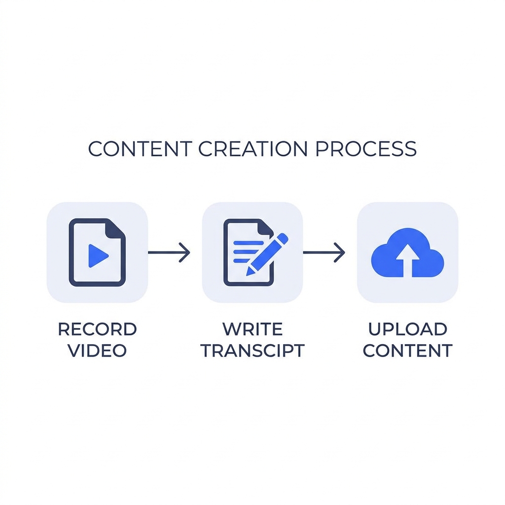 Three-step infographic showing the caption editing process: generate, correct, and export captions.