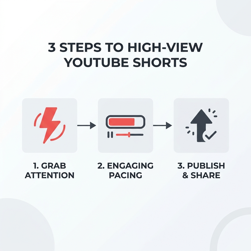 Three-step infographic showing hook, pacing, and publish steps for making YouTube Shorts.