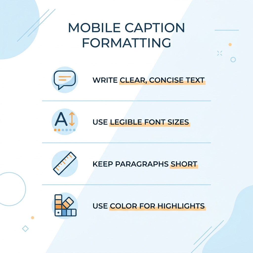 Minimalist infographic checklist of Instagram Reels caption formatting best practices with icons.