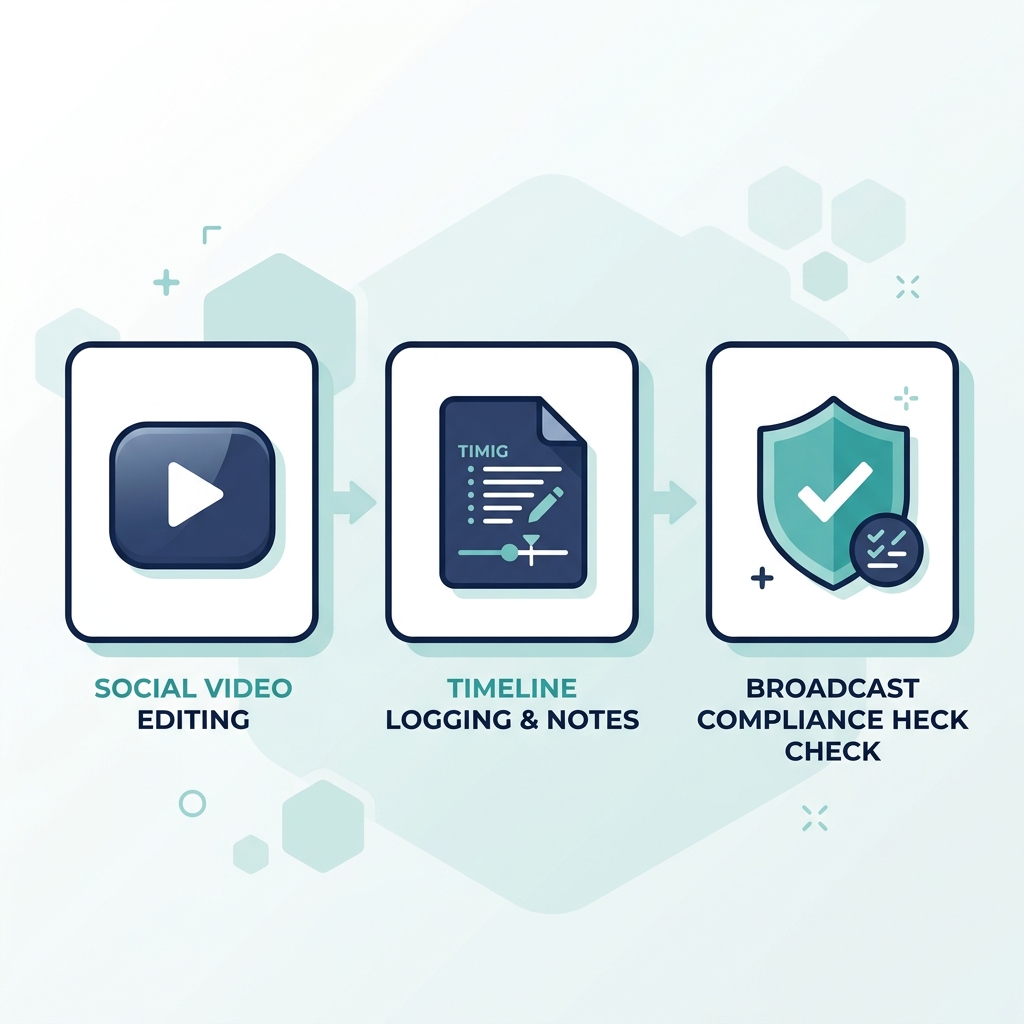 Infographic showing three caption editor types: AI video generator, SRT file editor, and broadcast QC platform.
