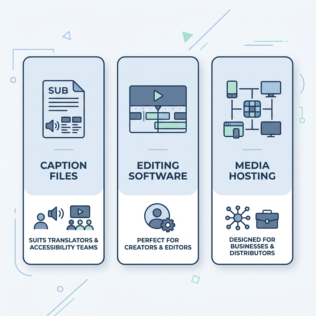 Infographic comparing three AI captions app types: caption-only tools, AI video editors, and all-in-one platforms.