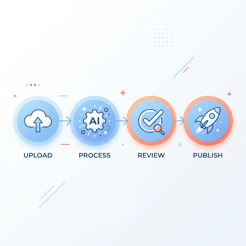 Four-step infographic showing the AI clip creation workflow from upload to publish.