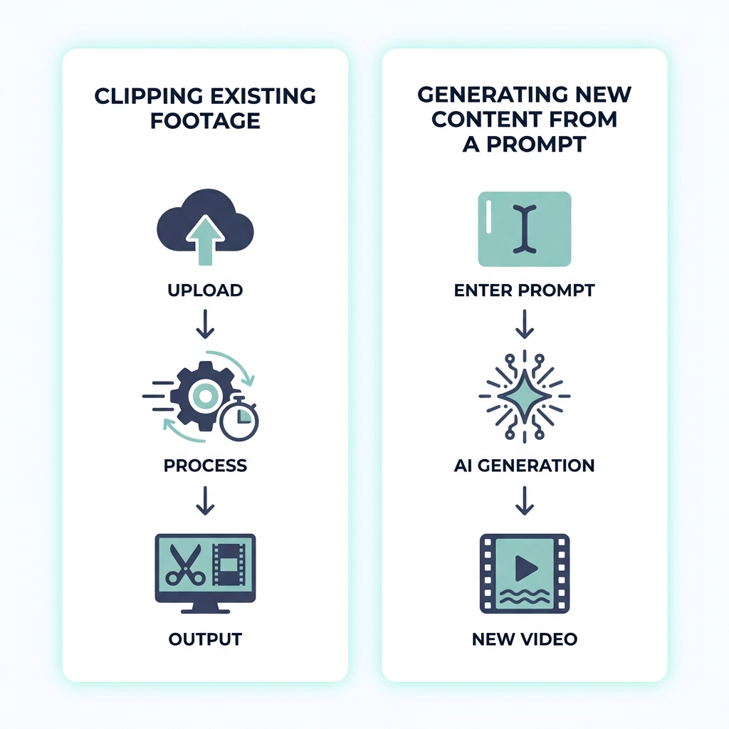 Infographic comparing AI video clipping tools versus AI generative cutting tools in two side-by-side flow diagrams.