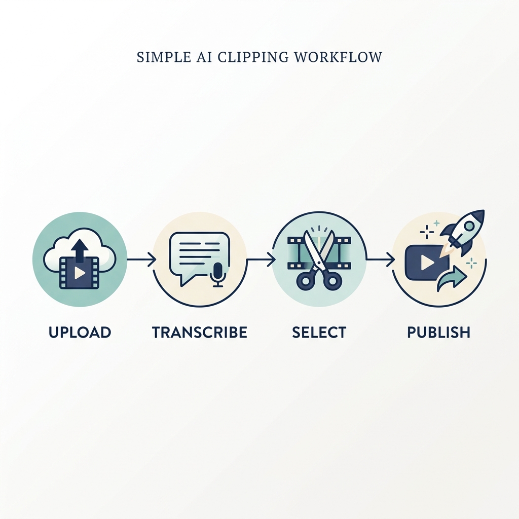 Four-step AI clipping workflow infographic showing upload, transcribe, select, and publish stages.