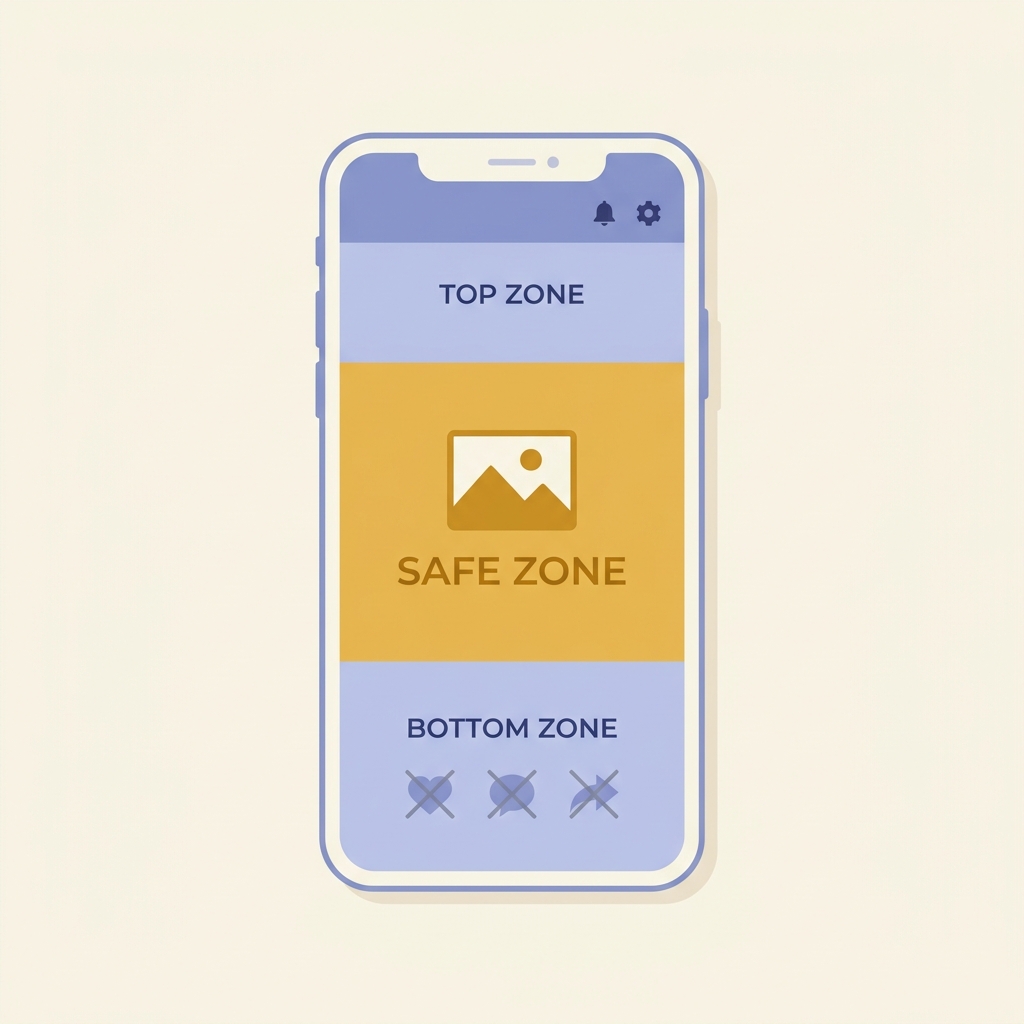 Infographic showing Instagram Reels screen safe zone for caption placement, with UI button overlap area marked at the bottom.