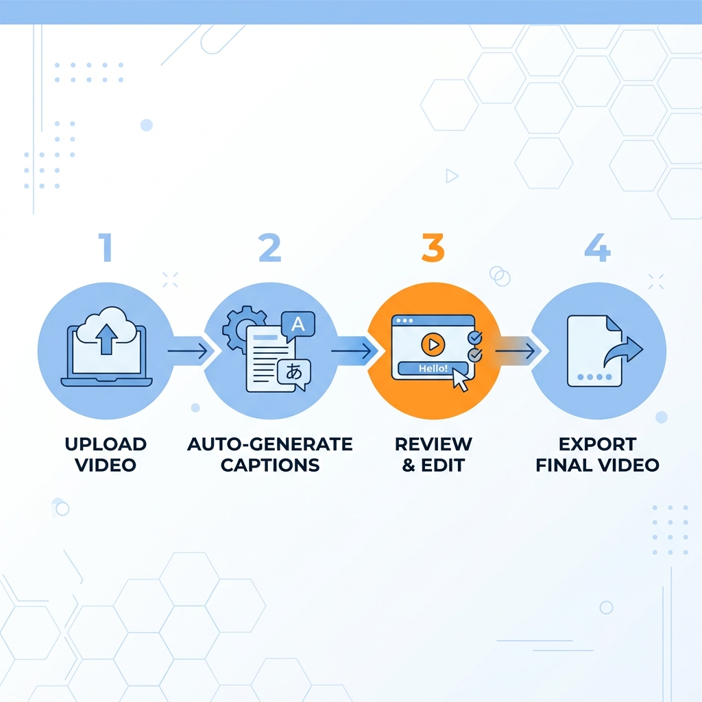 Four-step infographic showing the video captioning process from upload to export.